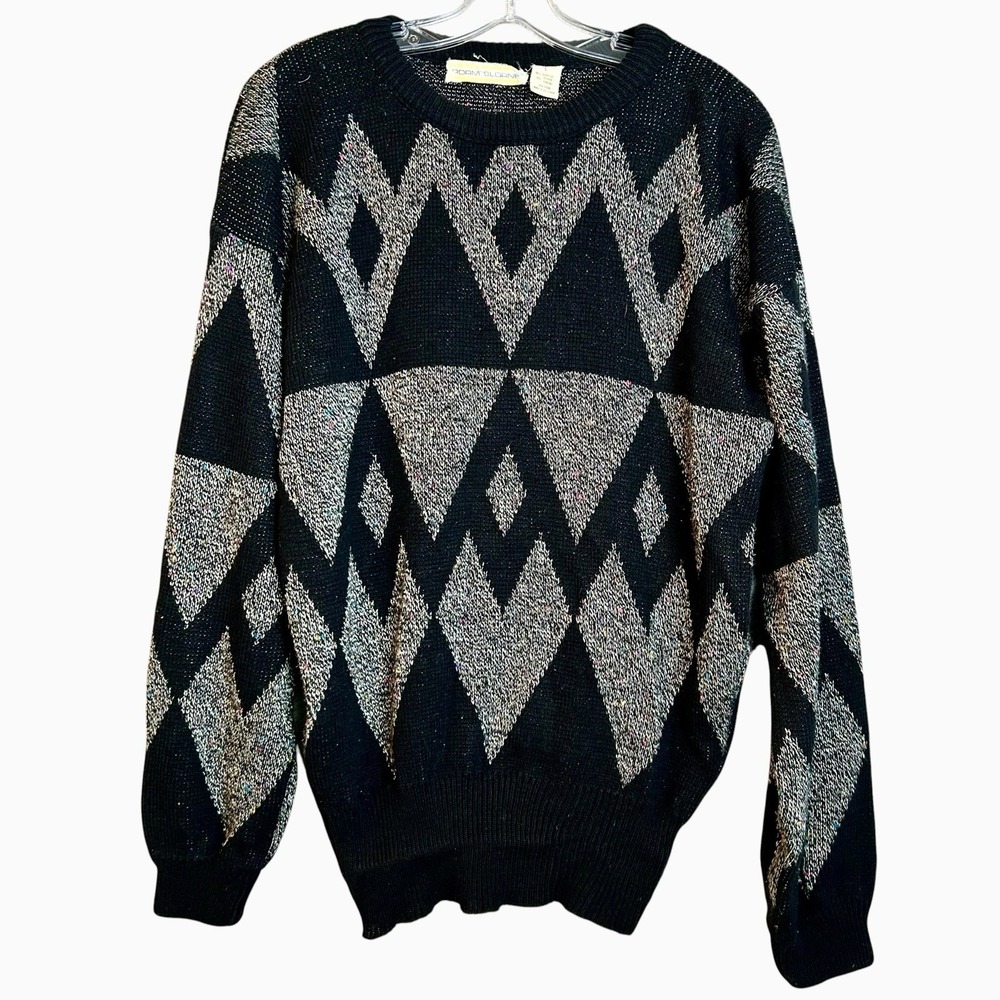 Adam Sloan Sweater Men's Large Gray Black Diamond Pattern Acrylic Ribbed Bottom
